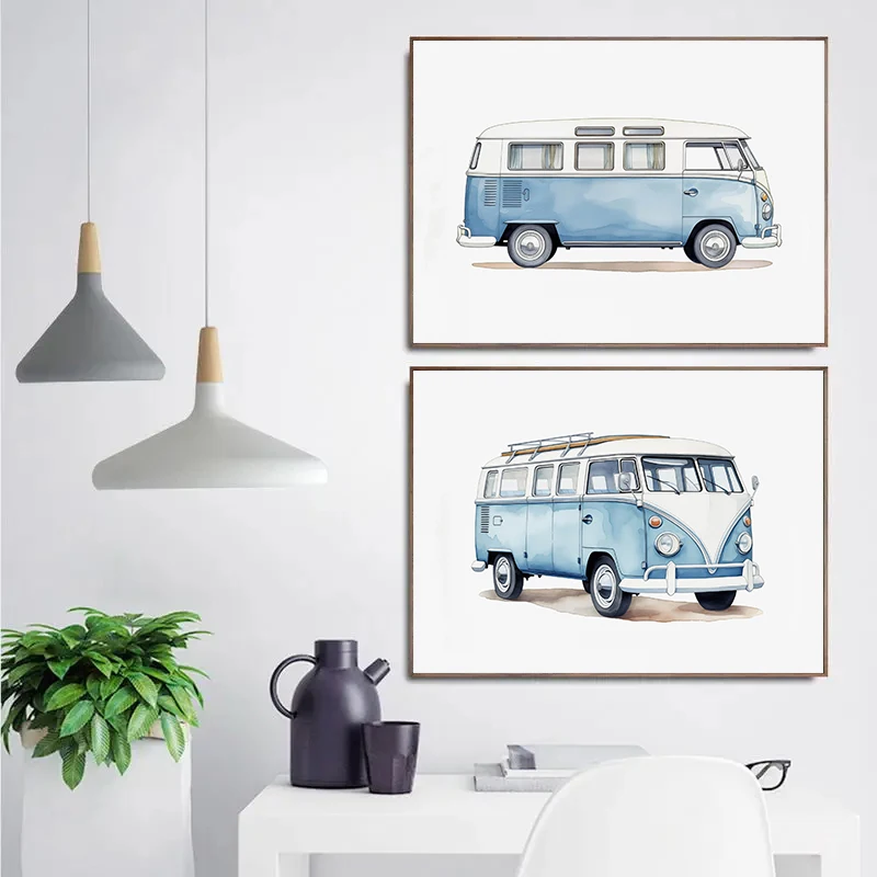 ملصقات سيارة كلاسيكية زرقاء فاتحة ، فن ألوان مائية للمركبات ، مطبوعات عتيقة ، لوحة قماشية ، صورة فنية جدارية ، غرفة معيشة ، ديكور منزلي