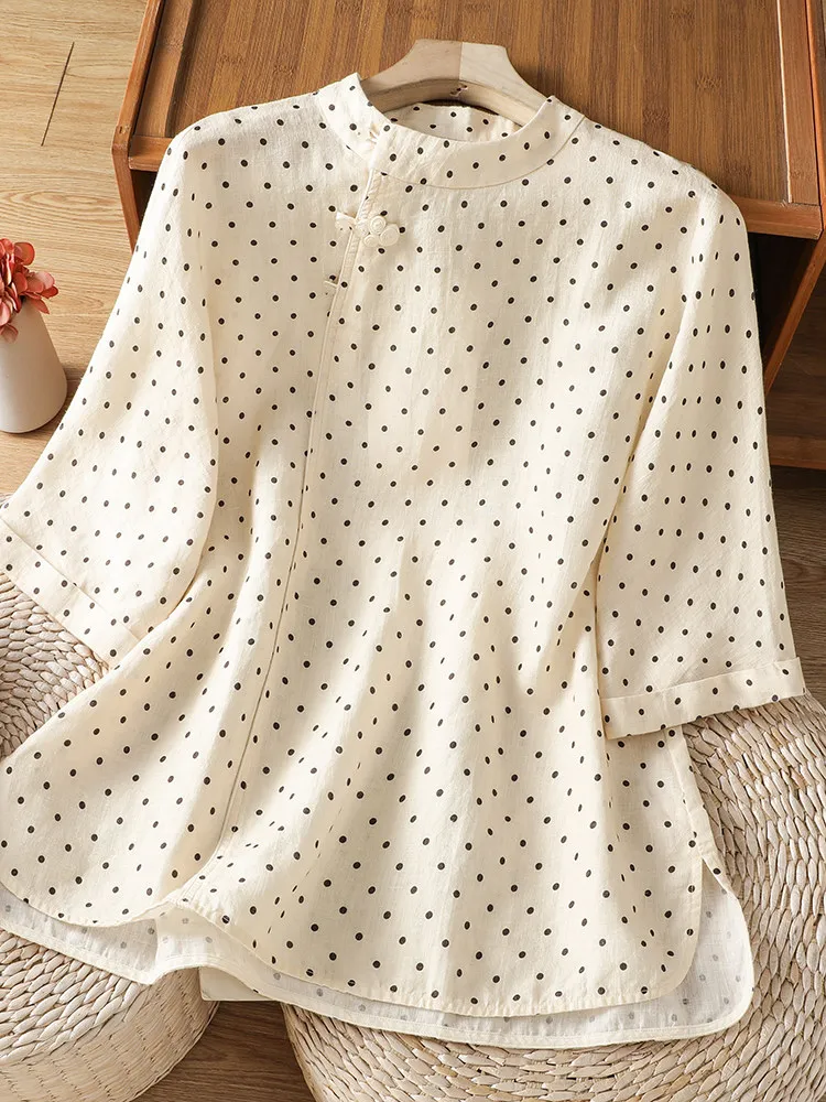 Loose Fit Polka Dot round Neck Printed Shirt New Chinese Style Artistic Versatile Large Size Women's Casual Top