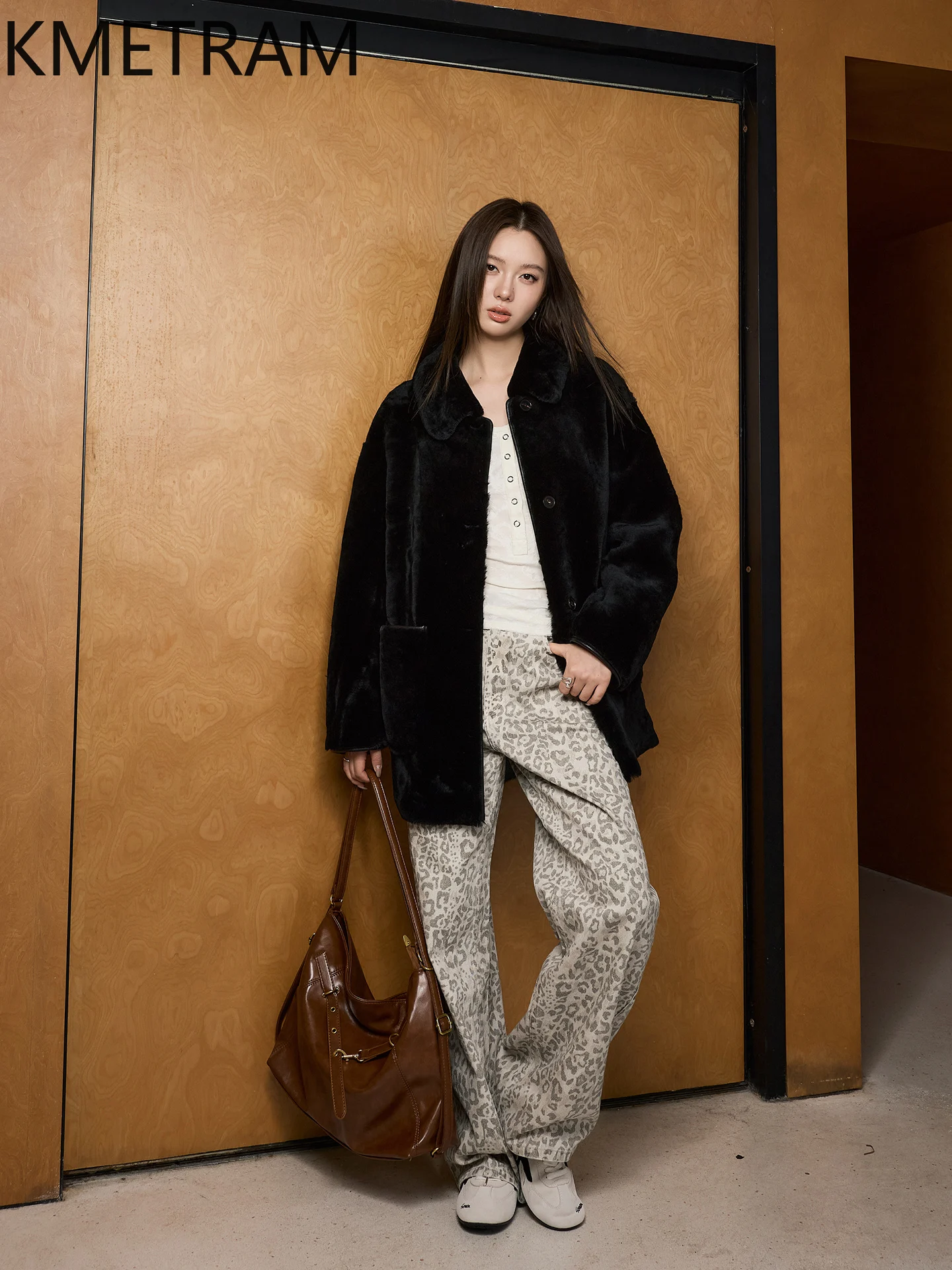 KMETRAM peau de mouton mérinos naturelle avec laine attaché manteau revers mi-long véritable veste de fourrure hiver femme vêtements шуба ж misce mena