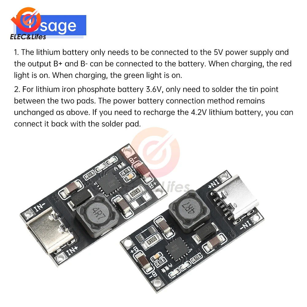 Modulo caricabatteria al litio agli ioni di litio TP5000 da 4,5-9 V a 4,2 V/3,6 V 1A Convertitore step-down buck Tipo-C Doppio LED e protezione di sicurezza