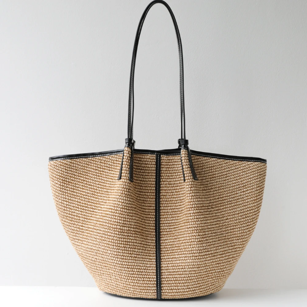 Polka Dot Colorblock Straw Woven Bucket Tote Bag,Women Contrast Color Shoulder Bag, Lightweight Casual Summer Beach Handbag