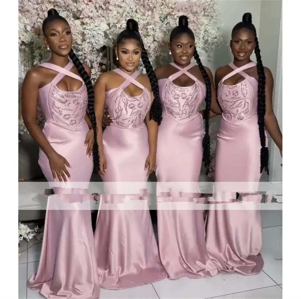 

New Pink Bridesmaid Dress Sequined Sleeveless Satin Elegant Wedding Party Dresses Long Maid Of Honor Gown Robes Invitée Mariage