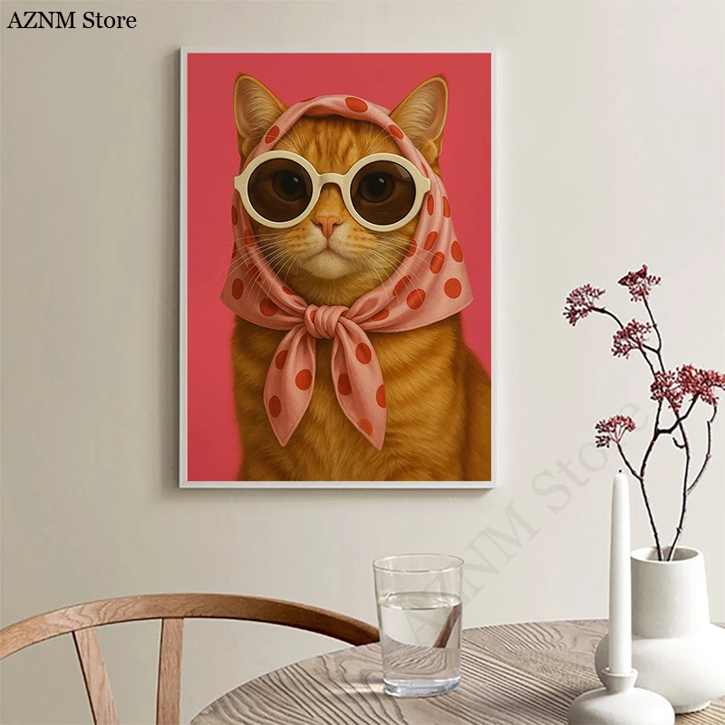 Cute Ginger Cat Drink Coffee White Cat with Toast Bread Art Canvas Painting Print Whimsical Animal Poster for Kitchen Home Decor