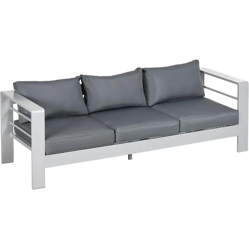 Modern courtyard furniture, 3-seater aluminum outdoor sofa, wide armrests with thick soft cushions and cushions, gray