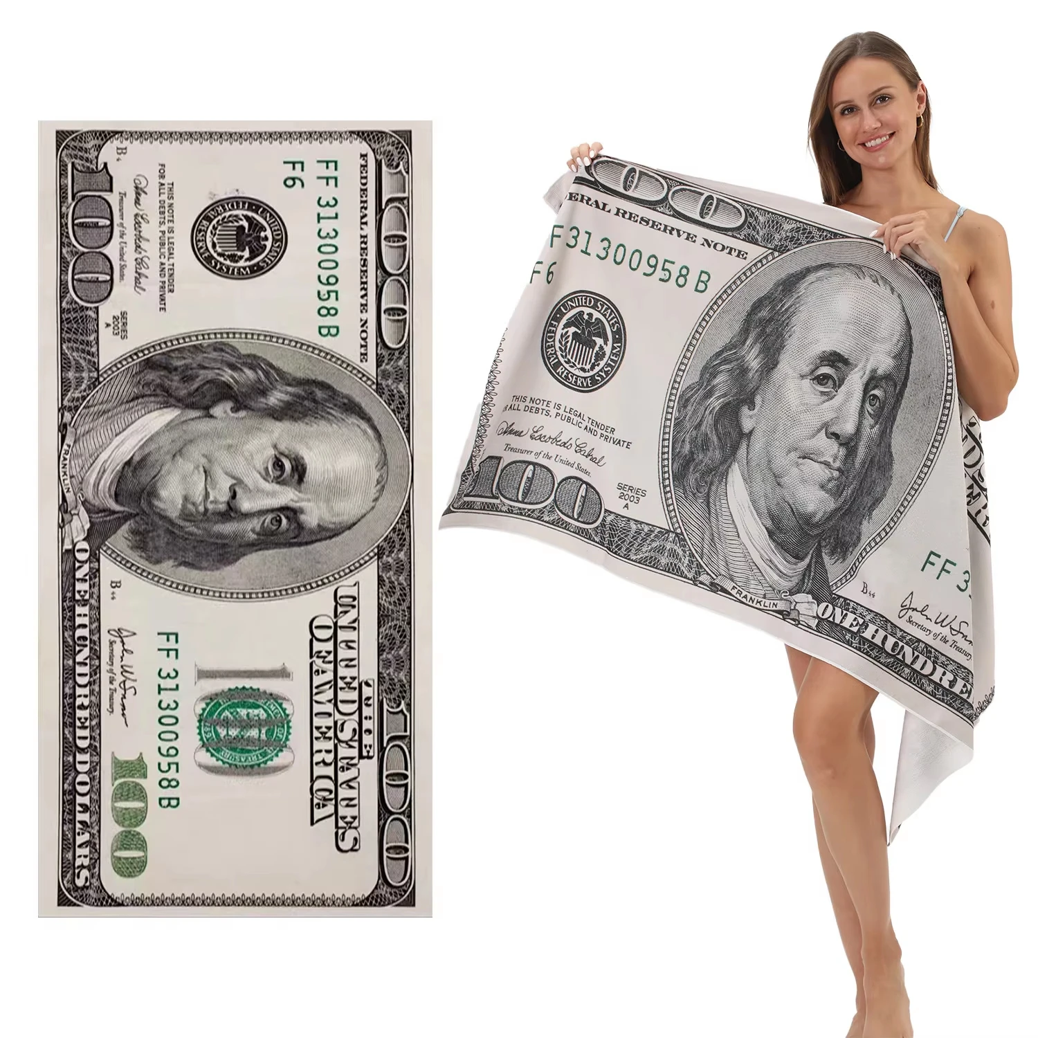 Dollar Print Microfiber Large Beach Towel, Quick Dry Super Absorbent Bath Towel