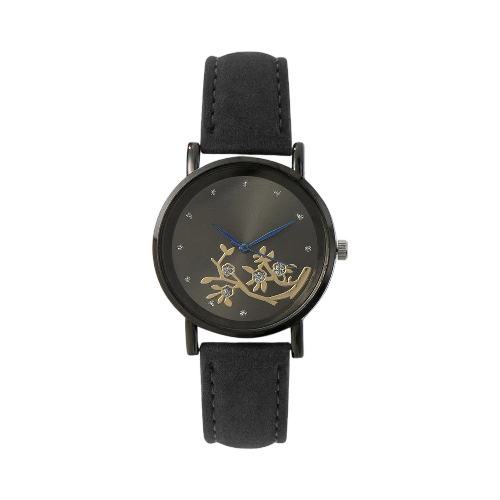 

‌ Элегантные женские часы с черным градиентным циферблатом и золотой веткой, бриллиантовым декором, синие стрелки на осень 2022, шикарный аксессуар с кожаным ремешком