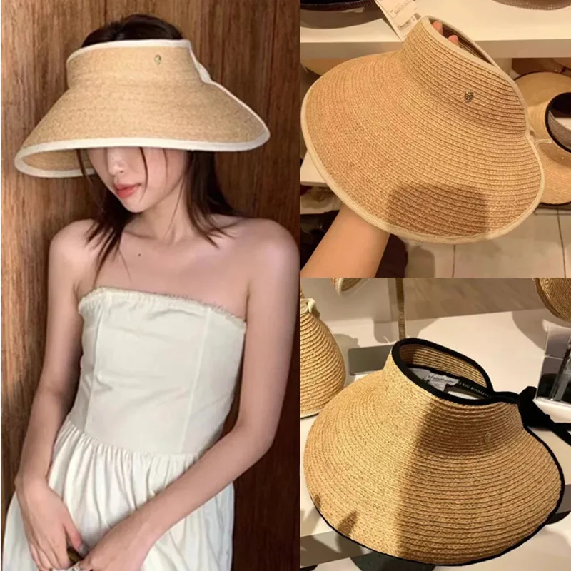 hブランド-大きなつばの麦わら帽子-レディース-夏-ラフィ-ビーチ-砂浜-日焼け止め-釣り帽子-エレガントスタイル-四季通用