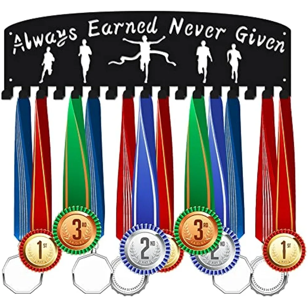 

Running Medal Hook Sports Medal Holder Always Earned Never Given Display Hanger Rack Metal 17 Hook for 60+ Medals Ribbon Display