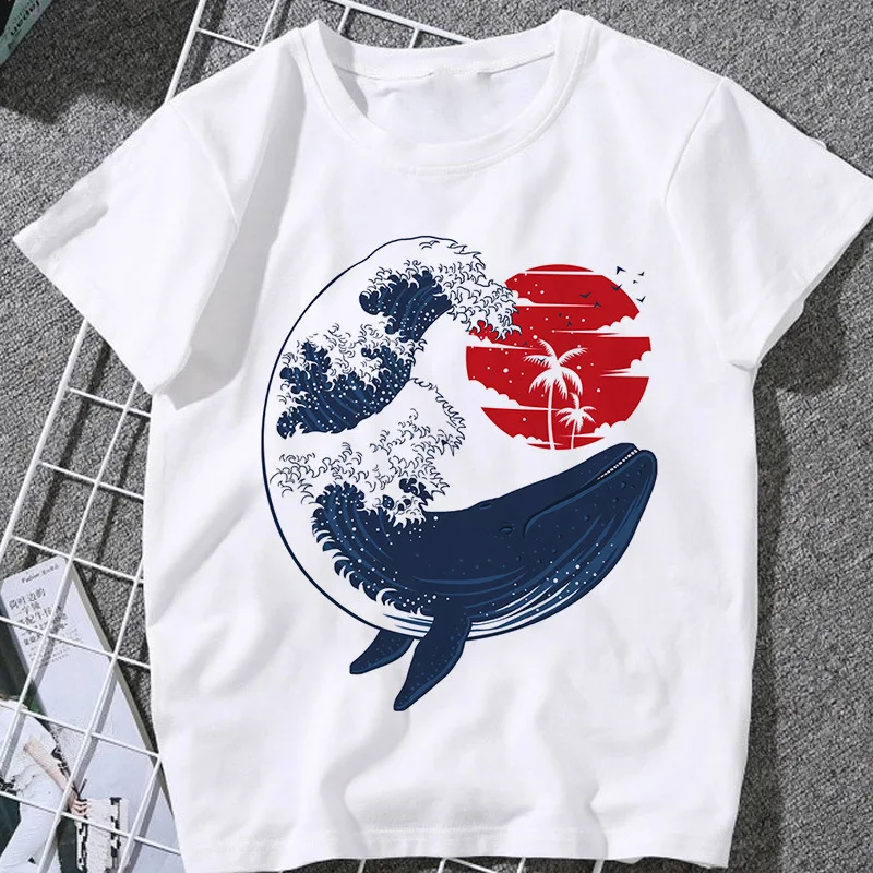 Women's T-shirts Whale Waves Print Harajuku Aesthetic T Shir Graphic T Shirts  Tops  Men Clothing  Aesthetic Clothes