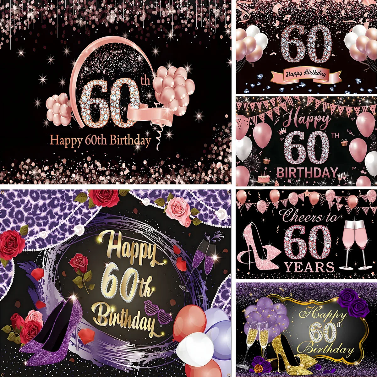 Happy 60th Birthday Party Decoration Backdrop Banner Black Gold Birthday Sign Poster Photography Background 60 Year