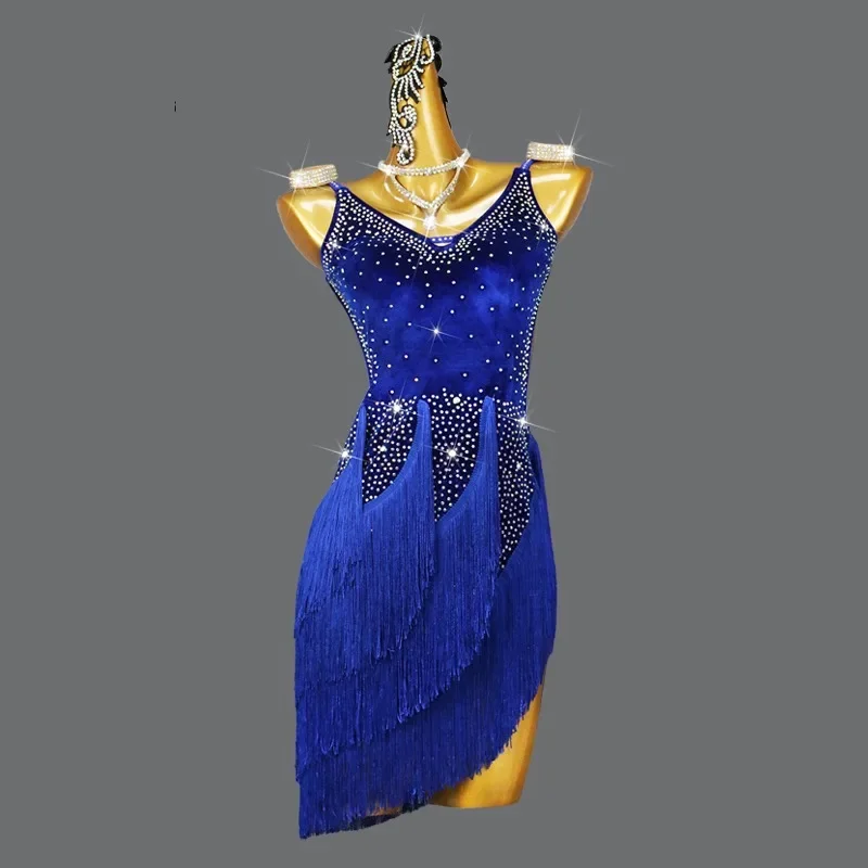 

New Blue Velvet Latin Dance Dress Competition Costume Sexy Fringed Skirt for Women Girl Party Sports Ballroom practice Wear Prom