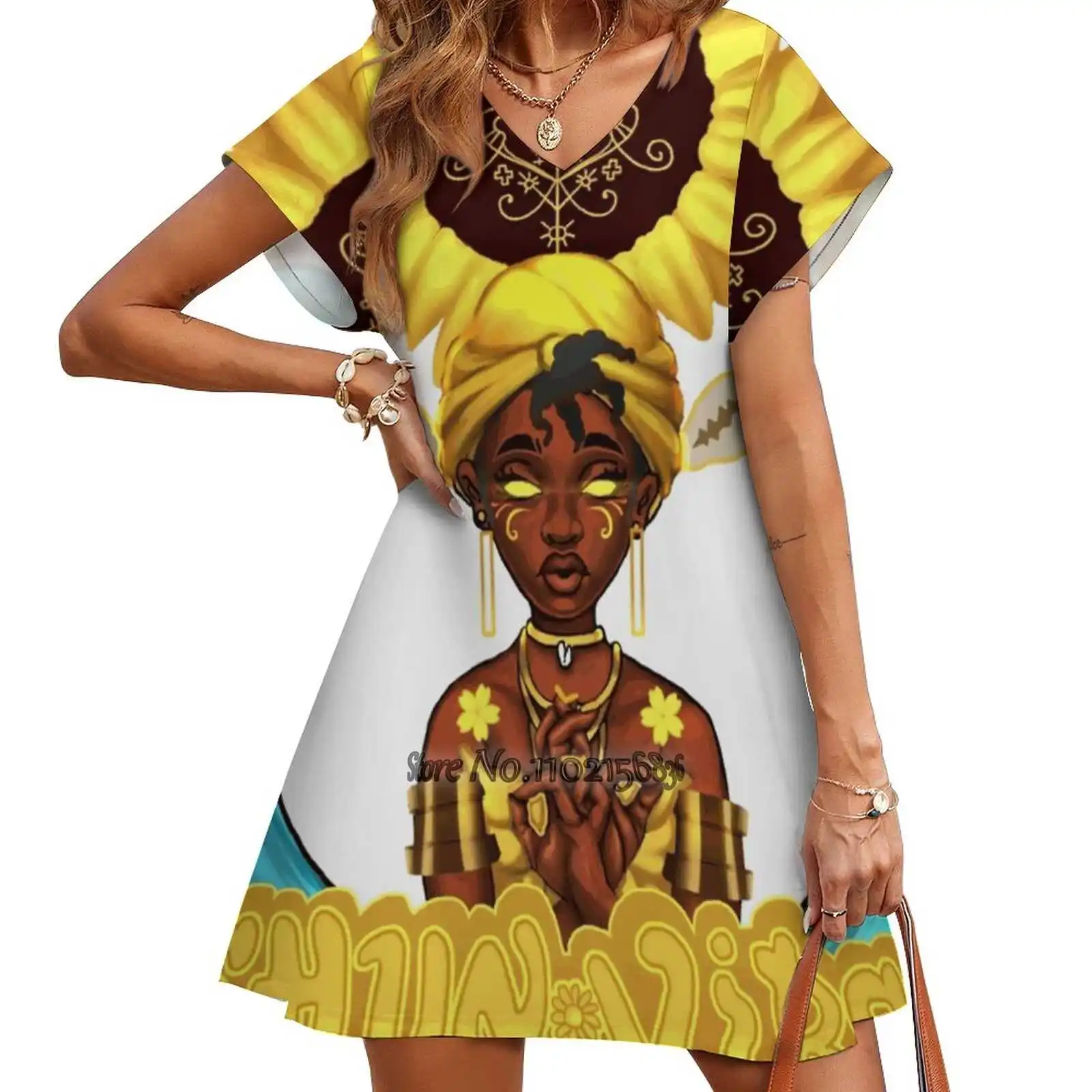 Oshun Vibes Back Lacing Backless Dress Square Neck New Plus Size Elegant Women Dress Oshun African Orisha Orisa Sunflowergang