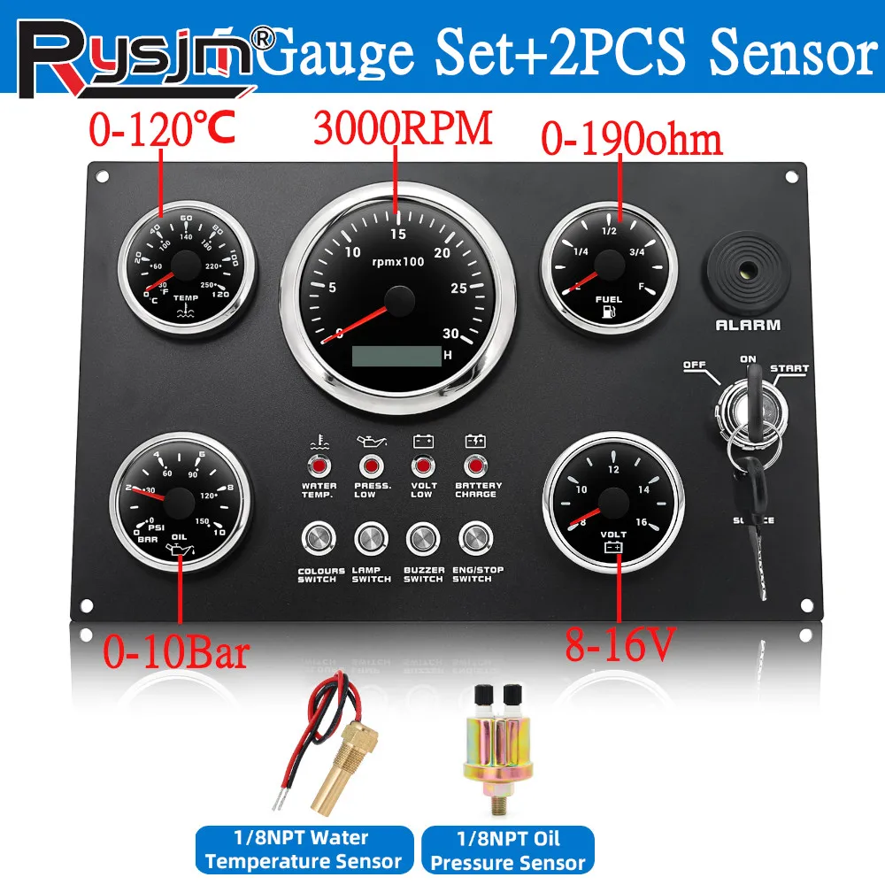 

5 Gauge Set 85mm GPS Speedometer 3000-8000RPM Tachometer + 52mm Water Temp Oil Pressure Fuel Level Voltmeter with Sensors