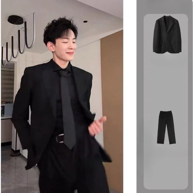 Men's Black Padded Shoulder Trendy Suit Business Formal Premium Rugged Handsome DK Uniform Korean Style Casual Blazer Set