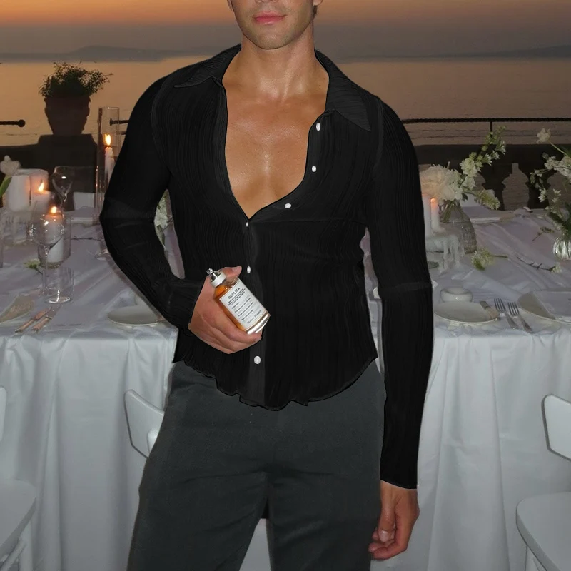 

INCERUN Мужская рубашка, однотонная плиссированная прозрачная мужская одежда с лацканами и длинными рукавами, сексуальная уличная одежда, модные повседневные топы, мужские рубашки