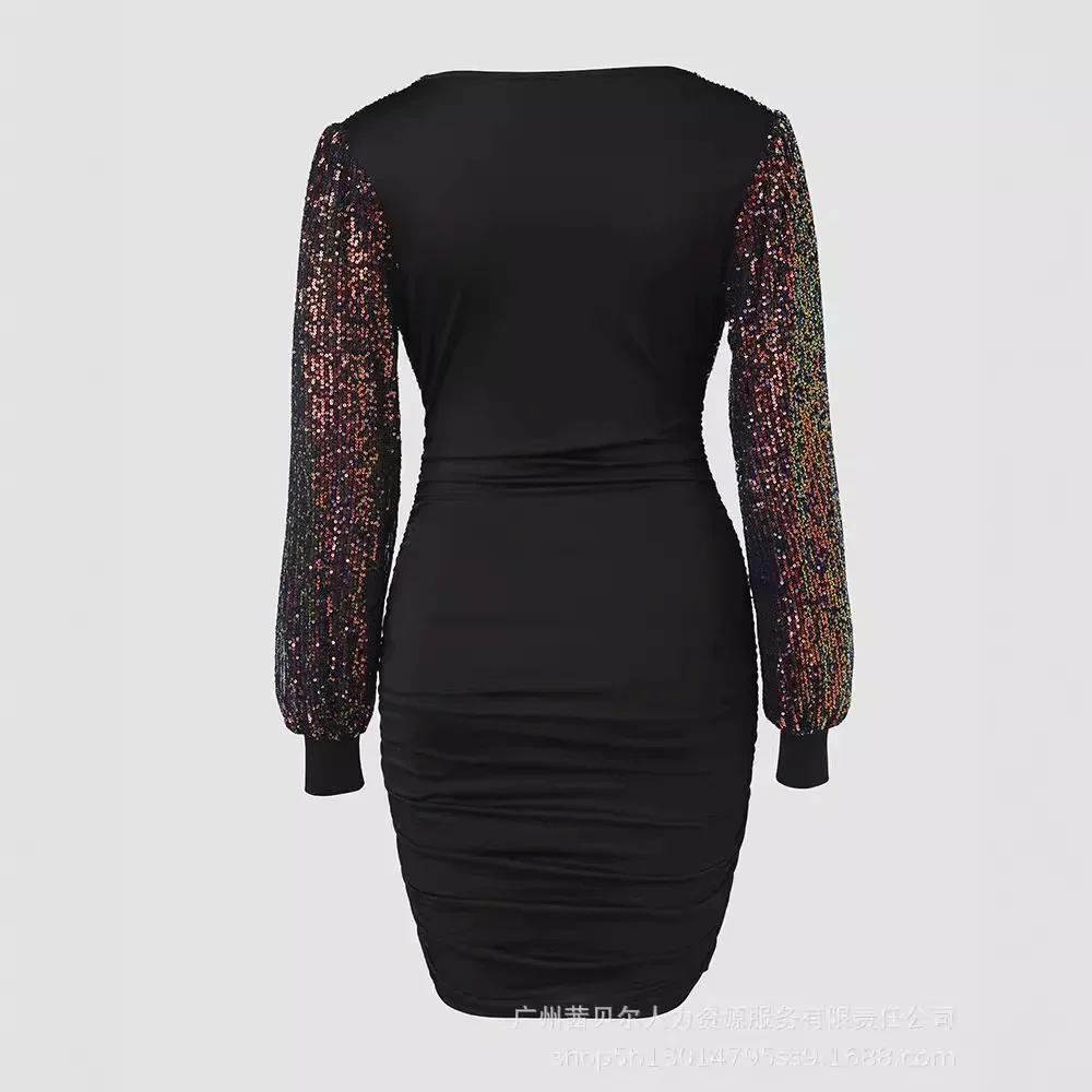 Farbige Perlen Nähte Kleid V-Ausschnitt Party Bodycon Kleid Frauen Langarm hohe Taille schlanke passt Scheide Mini kleid