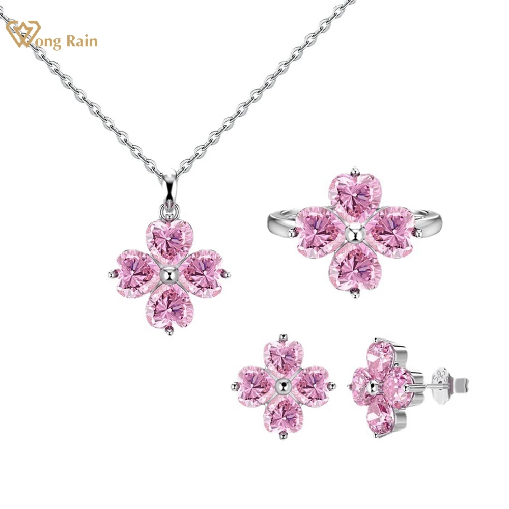 

Wong Rain 100% 925 Sterling Silver Flower Lab Sapphire Gemstone Pendant Necklace/Earrings/Ring Fine Jewelry Sets 3Pcs Wholesale