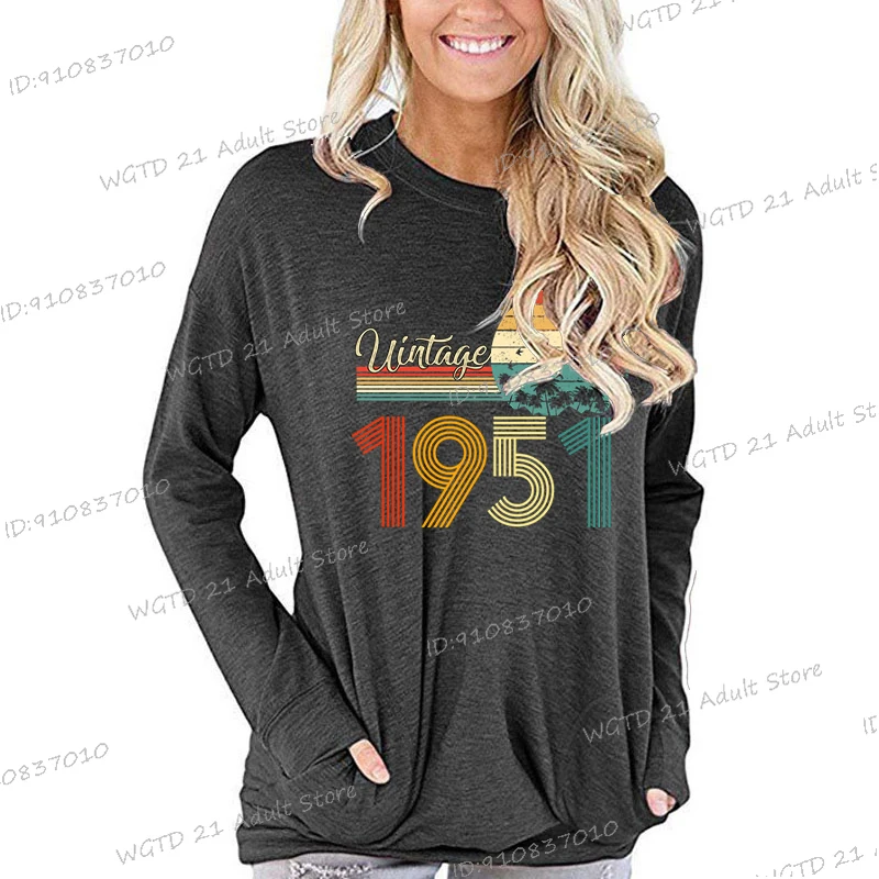 Women Long Sleeve T-shirt 74th Birthday Party Tops Born 1951 T-Shirts Vintage 1951 Classic Graphic Retro Birthday Gift for Mom