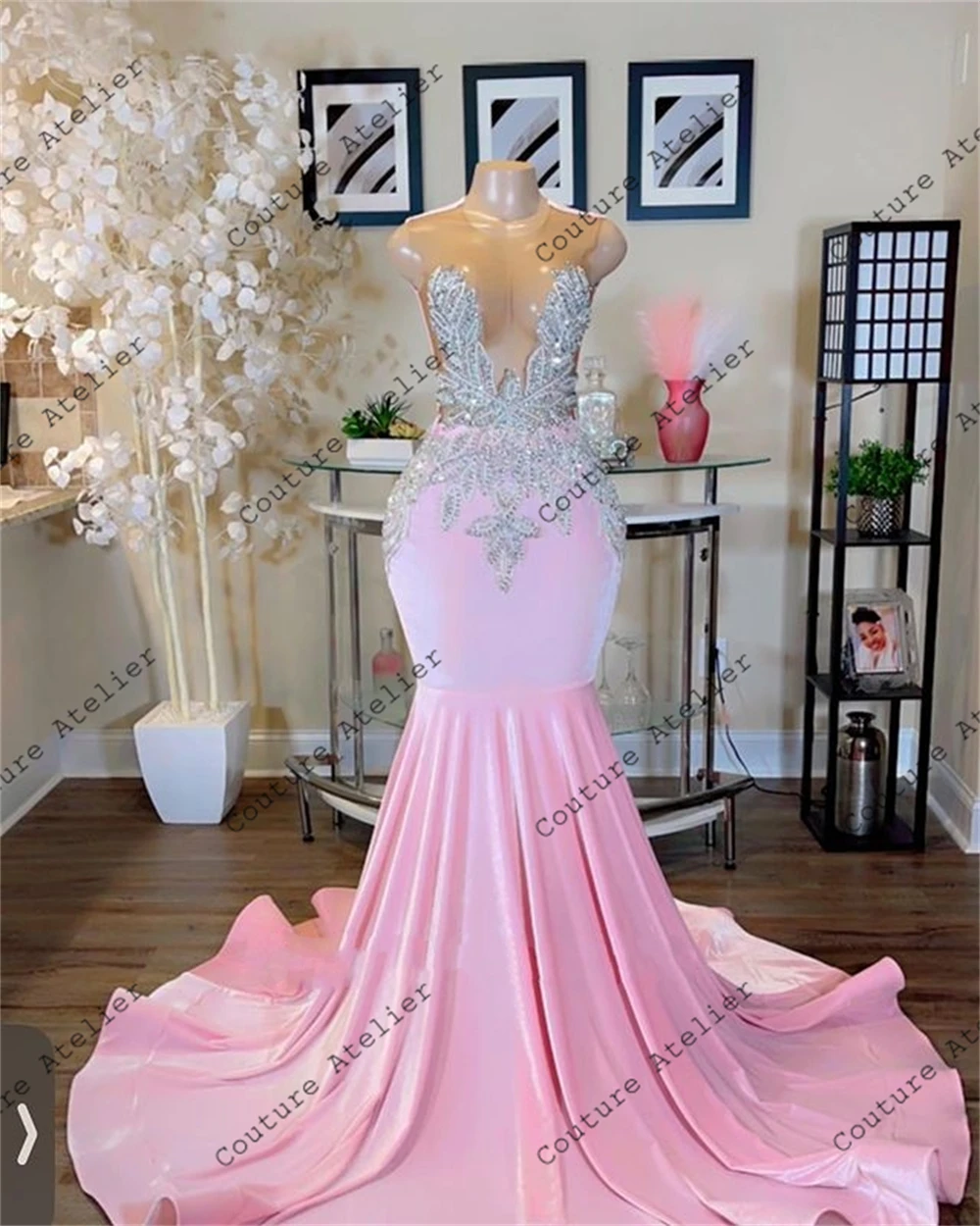 Silver Beaded Pink Prom Dresses For Black Girls Mermaid Dress Party Evening Elegant Luxury Celebrity Formal Gowns O Neck robe