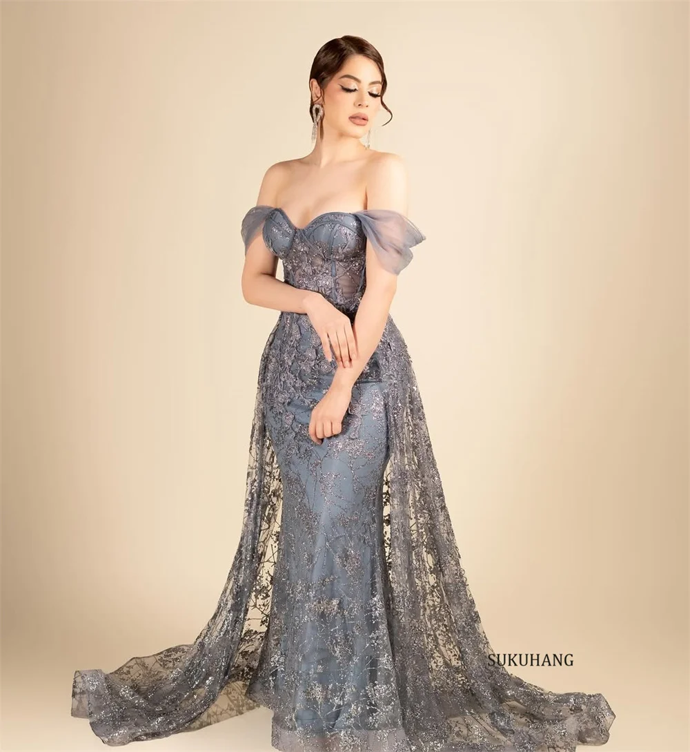 SUKUHANG – robe de soirée grise, épaules dénudées, avec Appliques, robe de bal de dubaï pour femmes, personnalisée