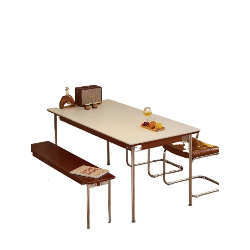 

Rock slab dining table, retro small apartment household medieval Internet celebrity solid wood stainless steel rectangular