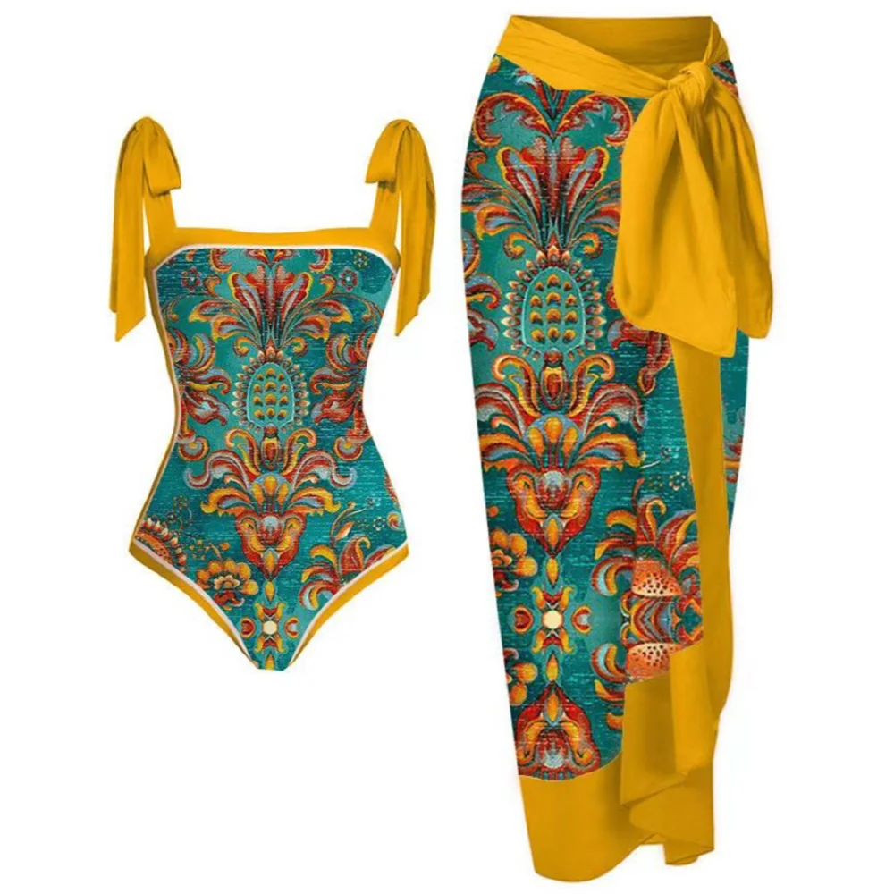 2025 New 2PC Print Retro Swimwear Push Up Playa Women's Swimsuit One Piece Bodysuit Patchwork Bathing Suit Pads Female Set