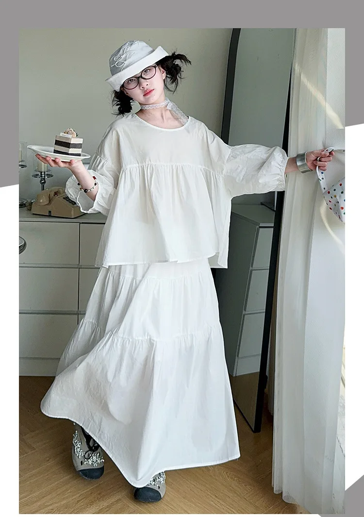 

Summer New Girls Set Solid Short Sleeved Shirt Skirts Two-piece Set Cotton Korean Children Clothing 2025