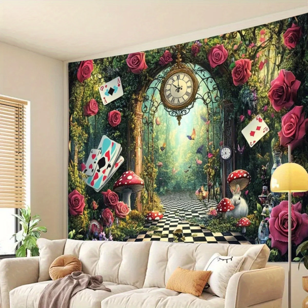 1pc Alice In Wonderland Roses Cards Clock Mushroom Pathway Fantasy Tapestry Fairy TaleWall Art BedroomDecor Whimsical Background