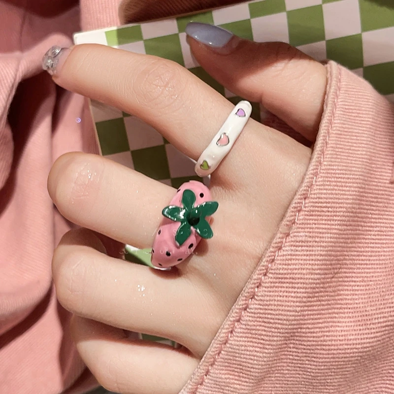 الكورية نمط لون الحلوى المينا الوردي الفراولة القلب سحر خواتم معدنية مكتنزة مفتوحة ضبط البنصر للنساء مجوهرات