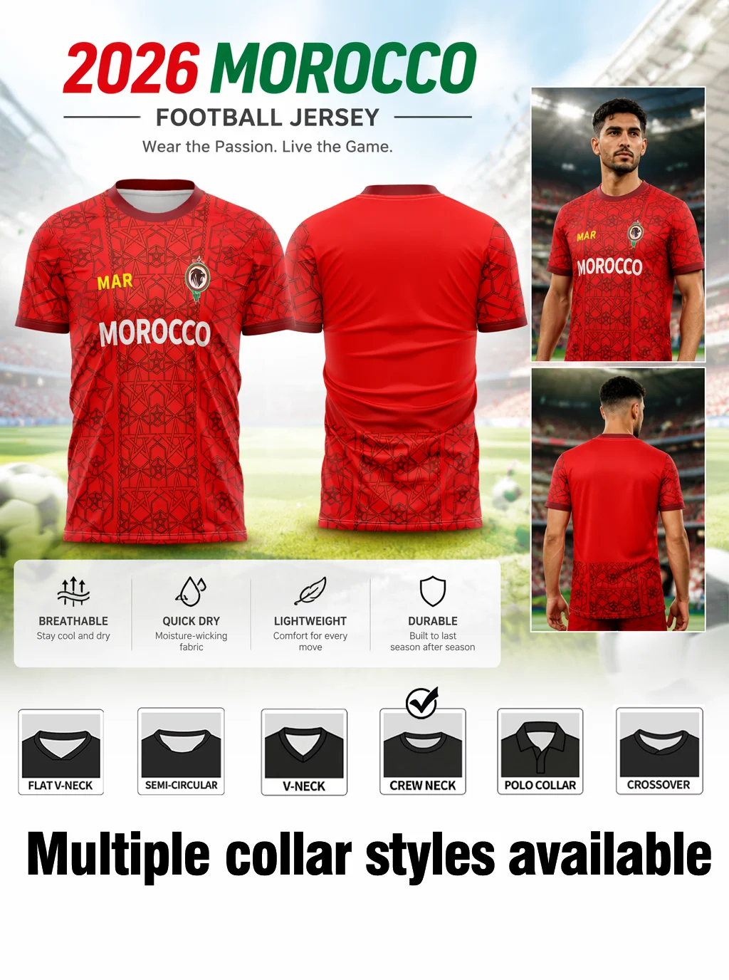 Morocco themed football jersey,full red base,exquisite star lattice pattern,moisture‑wicking fabric,athletic fit