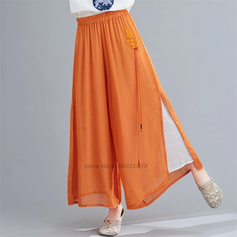 

2024 chinese vintage folk pants double layers trousers national flower embroidery ethnic pants elastic waist wide leg trousers