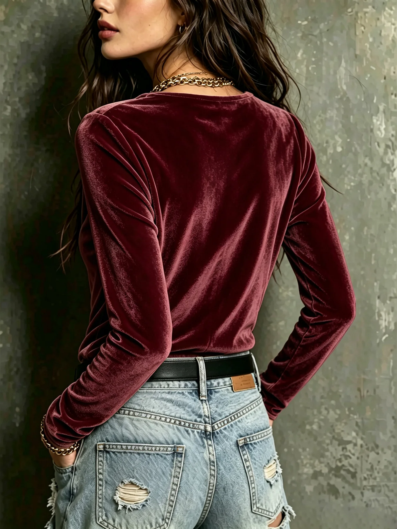 Women Velvet Cowl Neck Long Sleeve Top, Elegant Draped V‑Neck Slim Fit Blouse, Casual Party Solid Color Velour Shirt