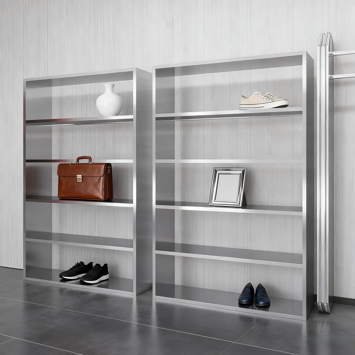 

Стеллаж для обуви в обувном магазине, напольный, от пола до потолка, из нержавеющей стали с матовой отделкой, для демонстрации обуви, одежды и сумок в магазине одежды.