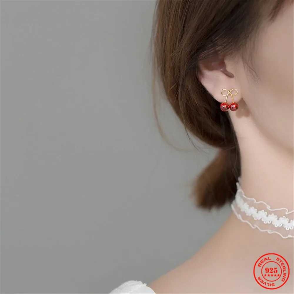 

YIZIZAI настоящее серебро 925 пробы с бантом вишневый кулон серьги-гвоздики для женщин классические ювелирные изделия летние аксессуары