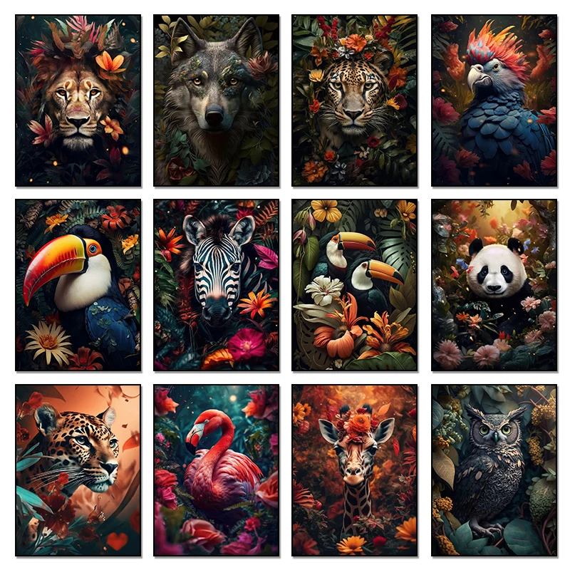 Lion Flamingo Panda Monkey in Flower Jungle Art Posters Wild Animal Art Diamond Painting Print Wall Art Picture Home Decor Mur