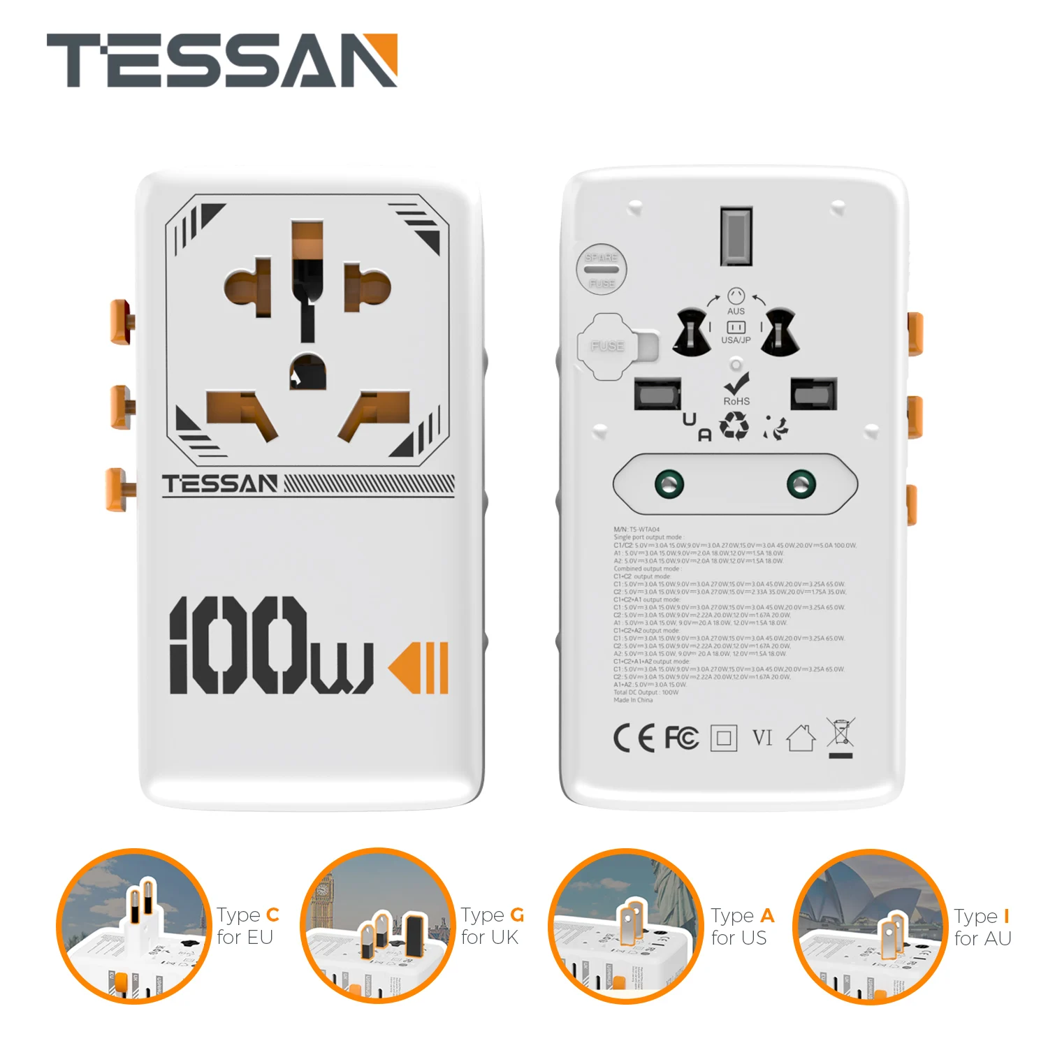 

TESSAN 35W/65W/100W GaN Universal Travel Adapter with USB Ports Type C Fast Charging Power Adapter EU/UK/USA/AUS Plug for Travel