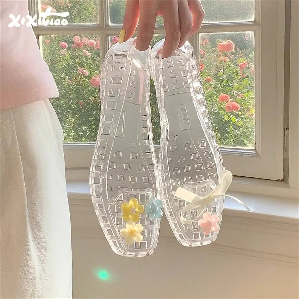 

Thin Striped Korean Style Colorful Flower Jelly Shoes for Women Sweet Summer Beach Non Slip Flat Hollow Out Single Shoes