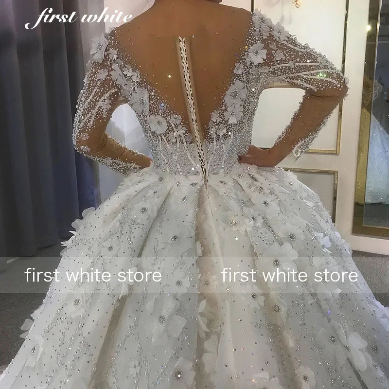Customized Long Sleeve Reception Dress For Bride Sweep Train Wedding Dresses Appliques Beading Crystal Bridal Gown Robe Mariage