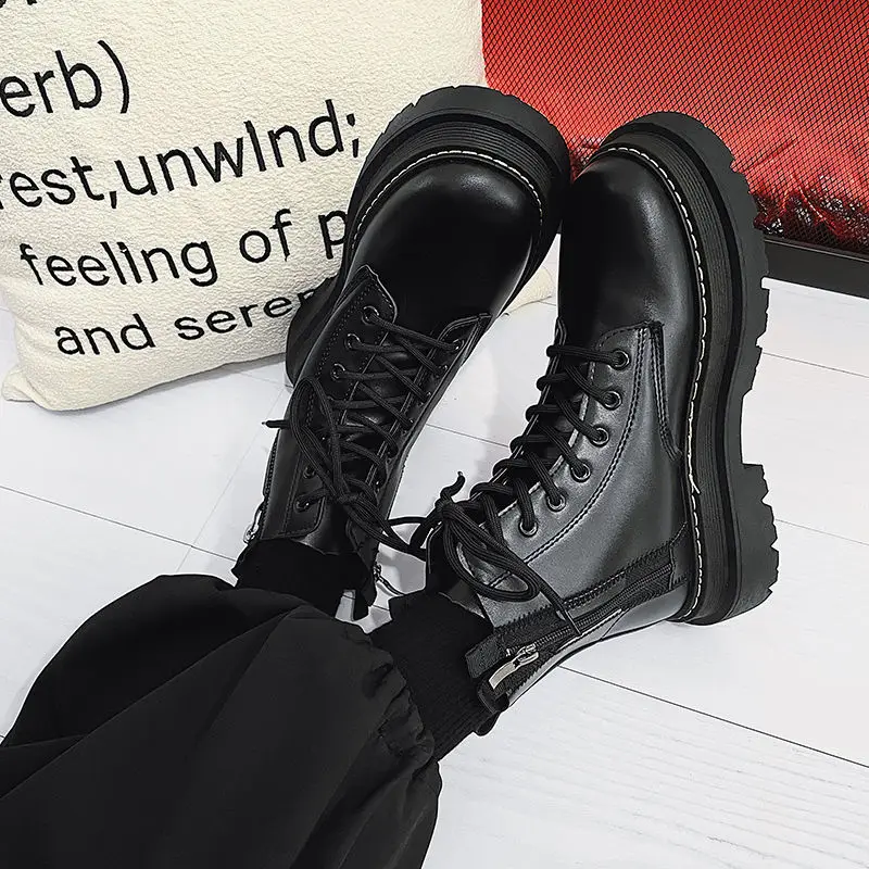 

Черные кожаные непромокаемые мужские ботинки на шнуровке с высоким вырезом на платформе на молнии, весенне-осенняя модная винтажная мужская обувь в акции