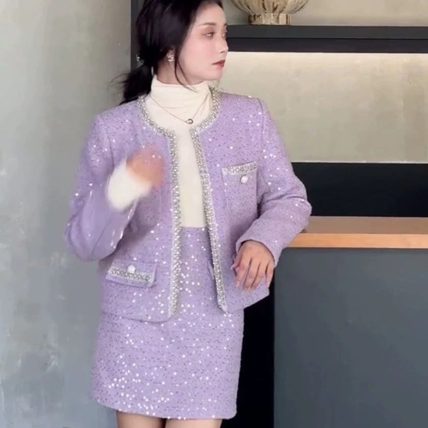 Luxury Purple Sequined Blazers Coat Autumn OL Beading Suit Jacket Rhinestones Cardigan Tops + Half A-Line Sequins Skirt 2pcs Set