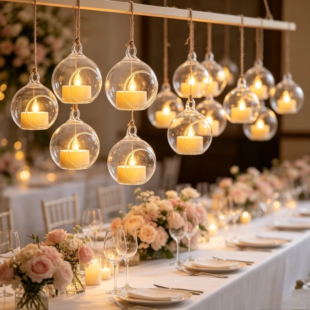 Transparent Glass Ball Hanging Candle Holder Built in LED Candle Light Indoor Outdoor Wedding Banquet Decoration