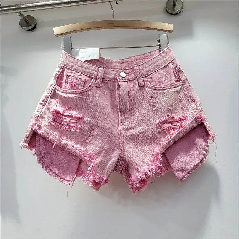 

2024 Summer New Women's Pink Hole Denim Shorts High Waist Slimming Spicy Girl A-line Ragged Edge Shorts