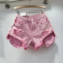 Pantalones cortos vaqueros con agujeros para mujer, Shorts de cintura alta, adelgazantes, de corte en A con bordes irregulares, color rosa, novedad de verano 2024
