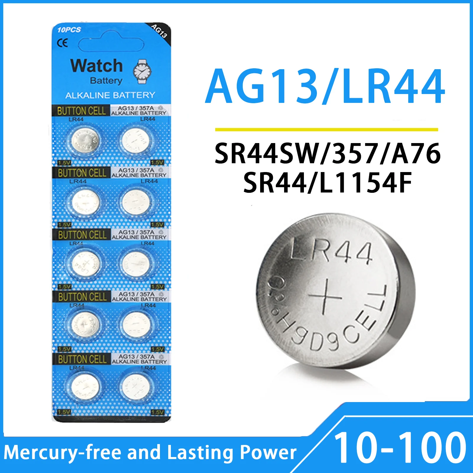 10-100 pièces LR44 AG13 piles bouton A76 357 SR44 G13-A L1154 1.55V pile bouton pour montre télécommande jouets