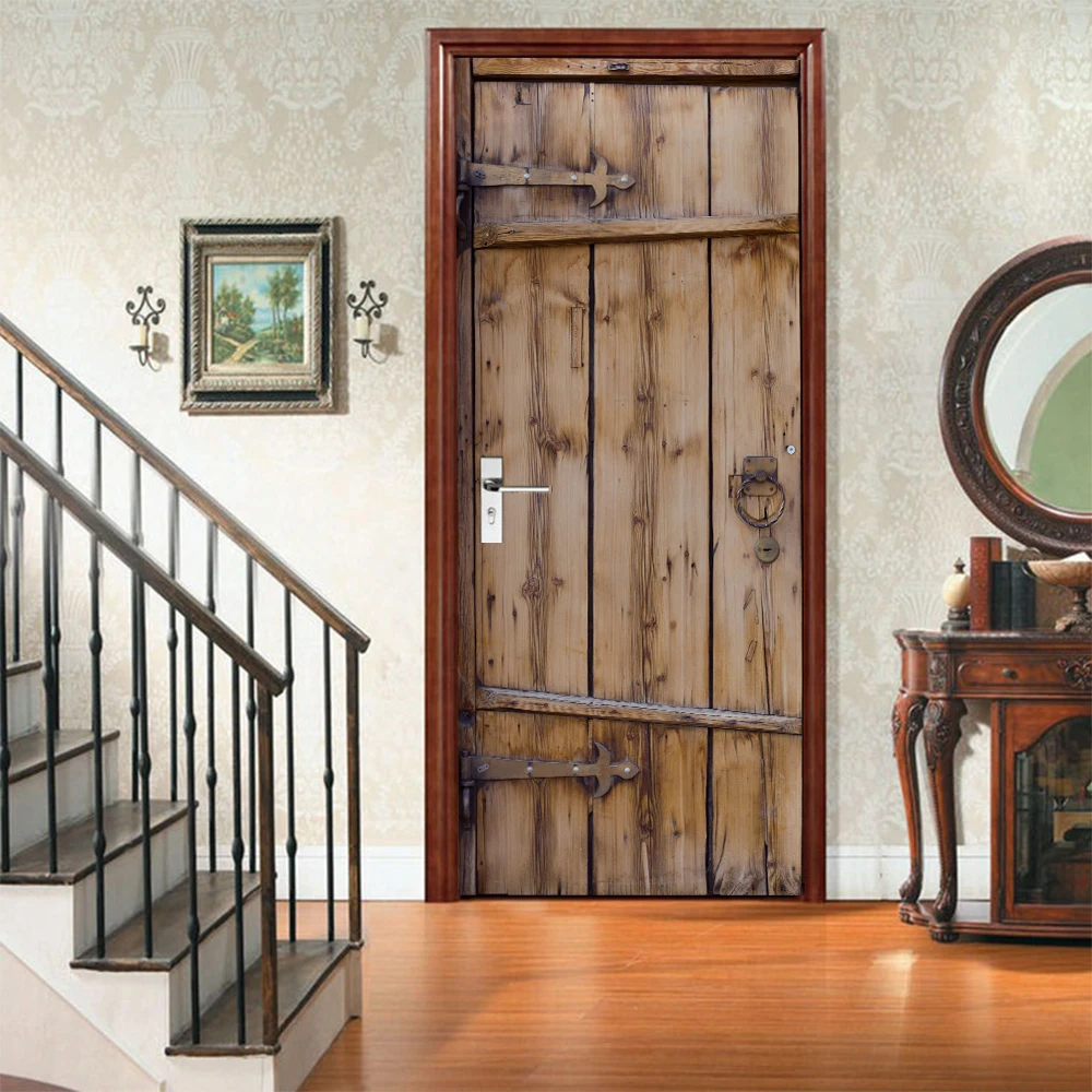 3D Retro Door Stickers Wooden Style Doorposter Self-adhesive PVC Wall Sticker Bedroom Decorative Door Cover autocollant de porte