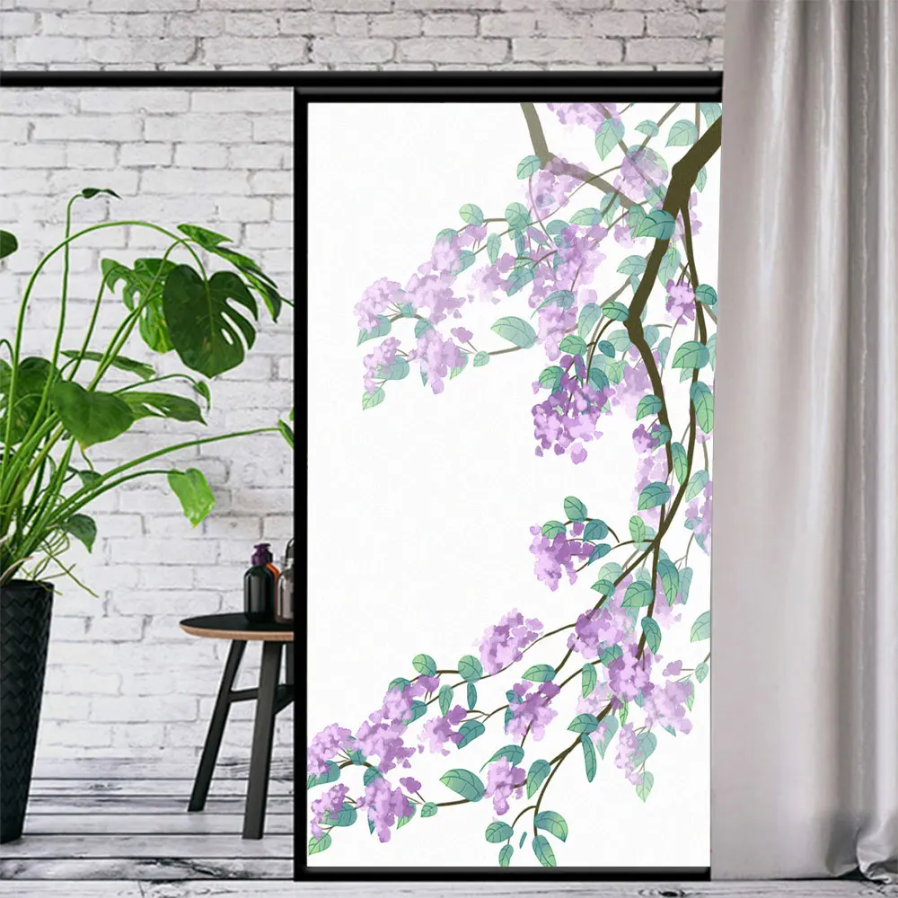 

Static Cling Window Film Privacy Heat Control Anti UV Blocking Window Stickers Purple Flower Decorative Frosted Window Film