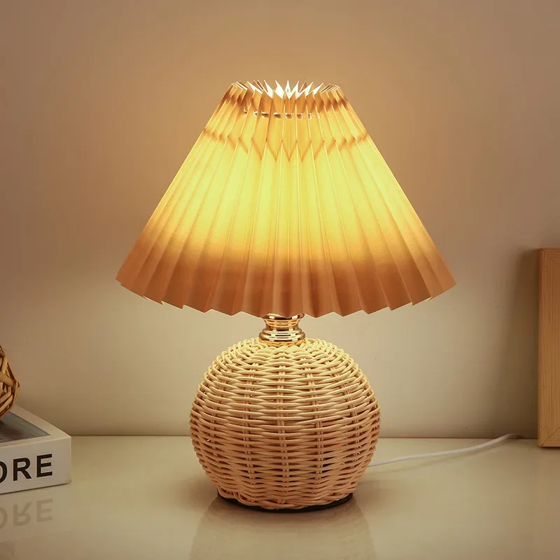 

Pleated Rattan LED Table Lamp Living Room Table Standing Lamp Study Desk Bedside Lamp Home Office Decoration Night Light
