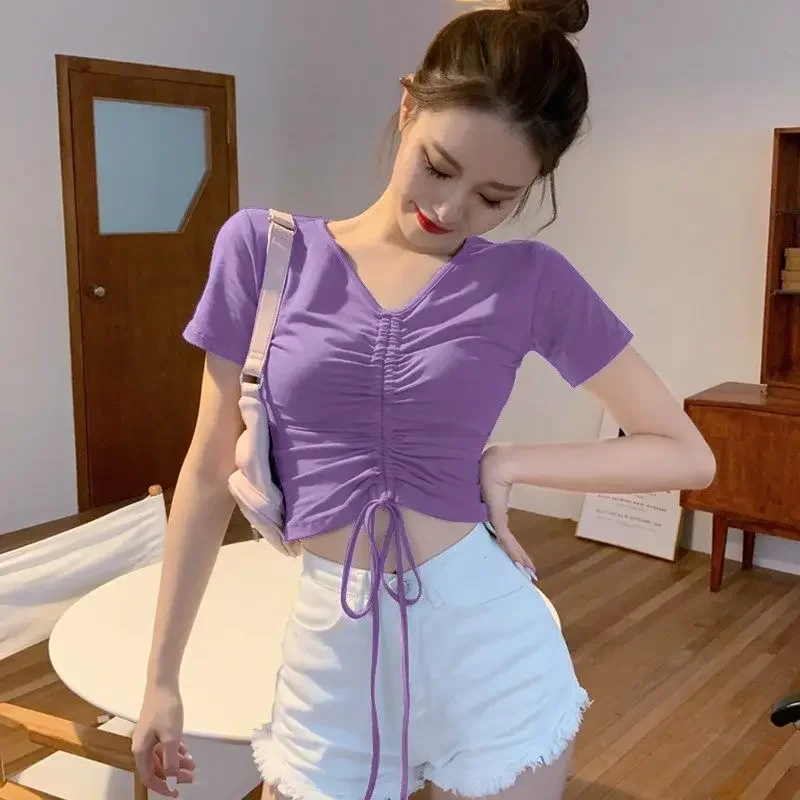 Purple Drawstring T-shirt Women's V-neck Short-Sleeved Shirt Short Tight Woman Tshirts Tops Mujer Camisetas