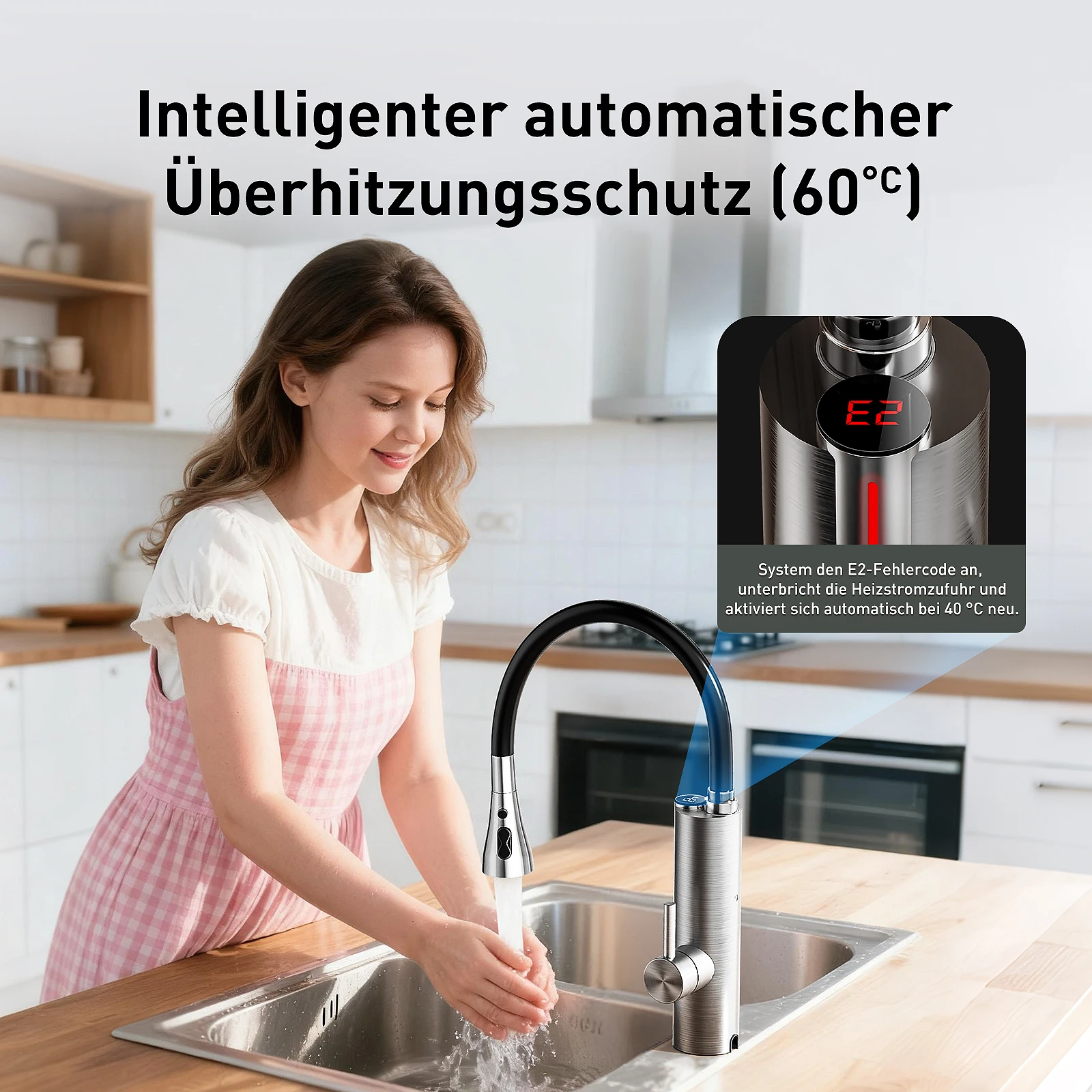 صنبور Lovelink من الفولاذ المقاوم للصدأ مع سخان مياه فوري مع 360 درجة °   خرطوم مرن وعرض درجة الحرارة LED التكيف بالألوان (فضي)