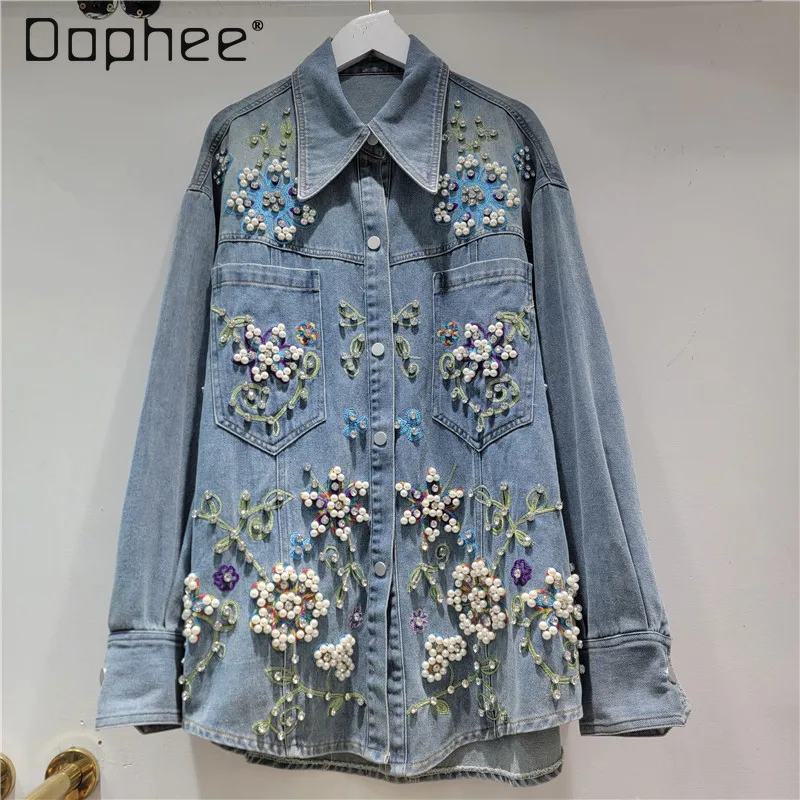 

2026 Spring New Heavy Embroidery Beaded Rhinestone Design Denim Long Sleeve Jacket for Women Trendy Denim Jacket Women